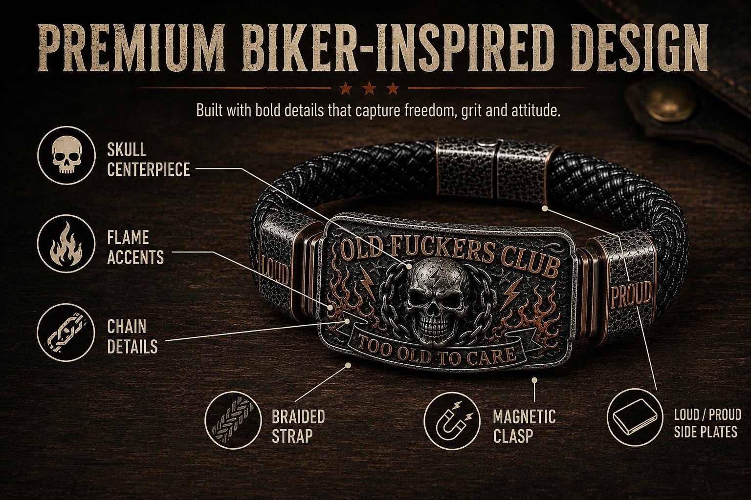 💀 OLD FUCKERS CLUBTM Skull Bracelet – A Badge for Men Who’ve Earned Every Scar & Story